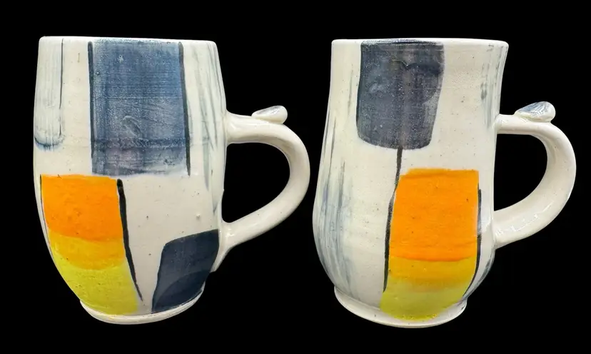 Set of 2 Signed Studio Art Pottery Coffee Mugs Modern Abstract Yellow Orange