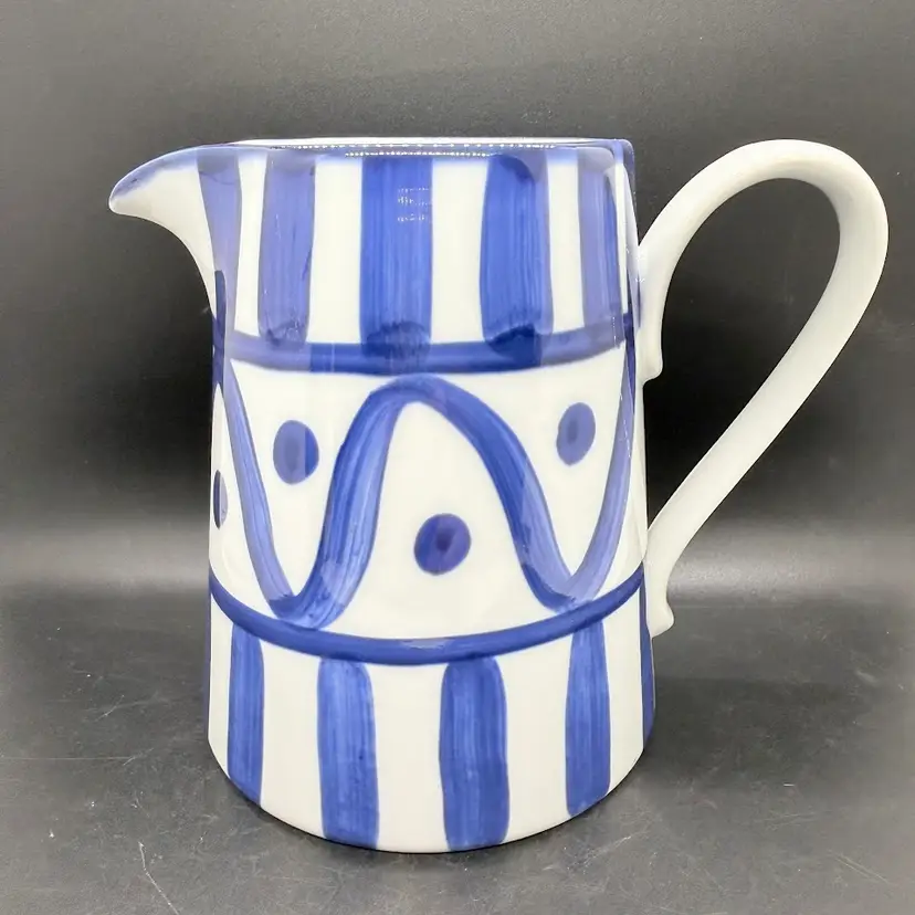 Vintage Dansk Arabesque Pitcher 40oz Abstract Geometric Blue White Japan Mark