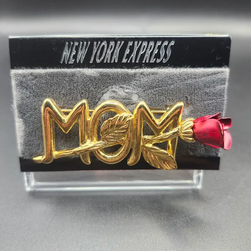Golden MOM Brooch with Red Rose -NOS
