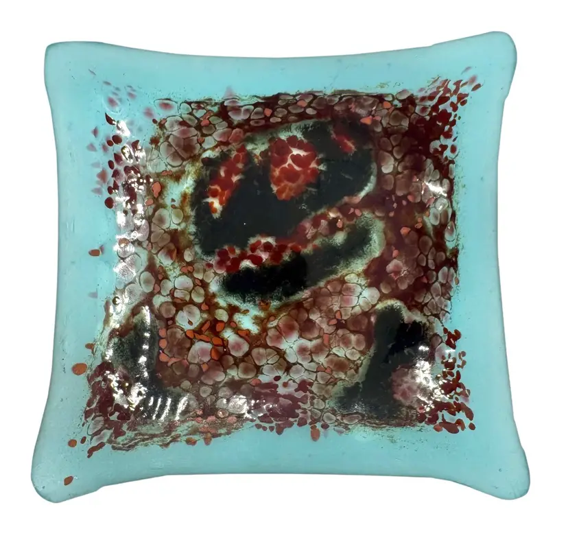 Fused Studio Art Glass Trinket Dish Square Dinosaur Bones Fossil Blue Red Black