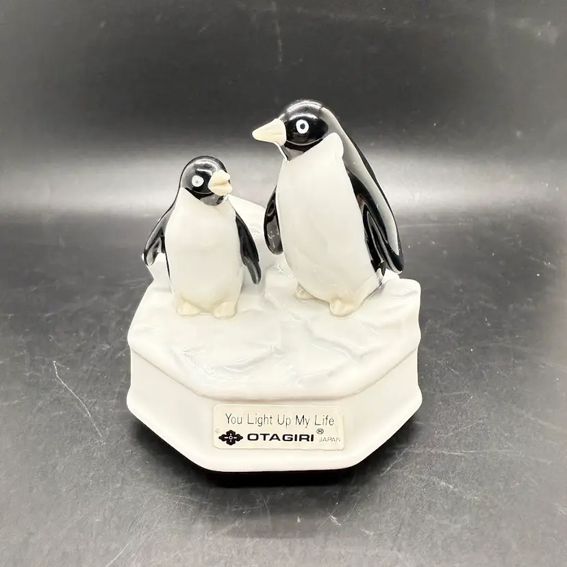 Vintage Otagiri Japan Penguin Mother & Child Rotating Music Box Light Up My Life