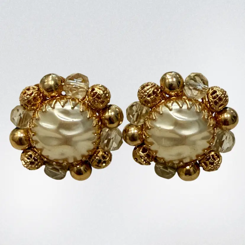 Vintage Mid Century Faux Pearl Cabochon GoldTone Filigree & Crystal Clip Earrings 1.25”