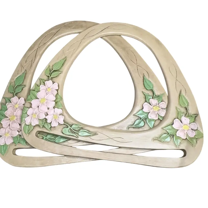 8&1/2” T And 9&3/4” W Set Of 2 Purse Handles Hand Painted Pink Flowers Note: Purse Slots Aligned But One Is 1/4” Taller
