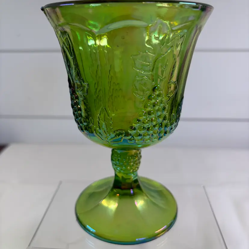 Indiana Glass, Green Carnival Glass Harvest Great Pattern Goblet