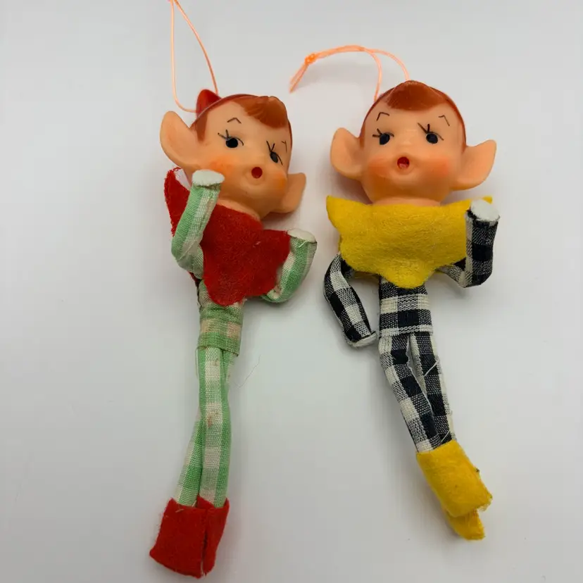 1960s, MCM, Pixie Elf Christmas Ornaments, Checkered Outfits, Japan, 4.25” Tall