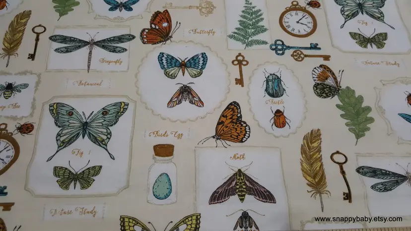 Botanical Butterfly Flannel Fabric Remnant - 100% Cotton - Choose Size - Soft Craft & Quilting Fabric