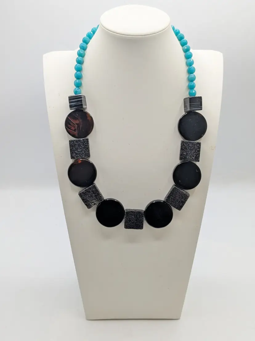 Vintage Geometric Stone and Turquoise Color Bead Necklace
