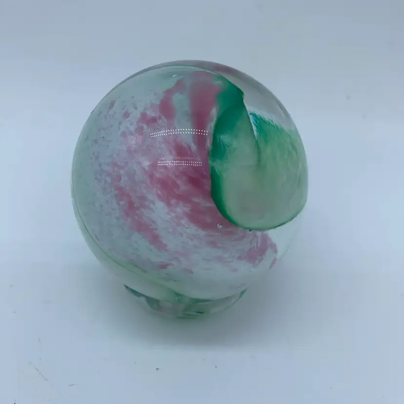 #0022 A Scottish art glass paperweight with internal pink and green swirls by Tweedsmuir Glass On Pedestal Base