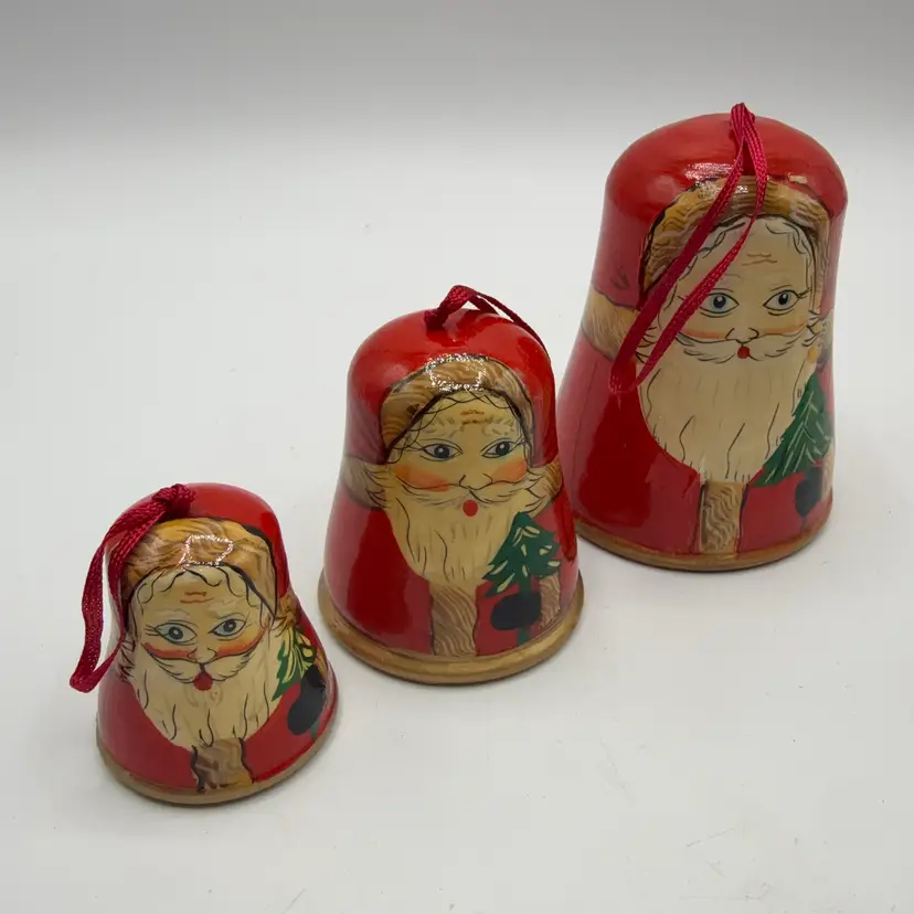 Set Of Three Hand Painted Wood Santa Bell Ornaments Giseia Graham LTD London Design Company