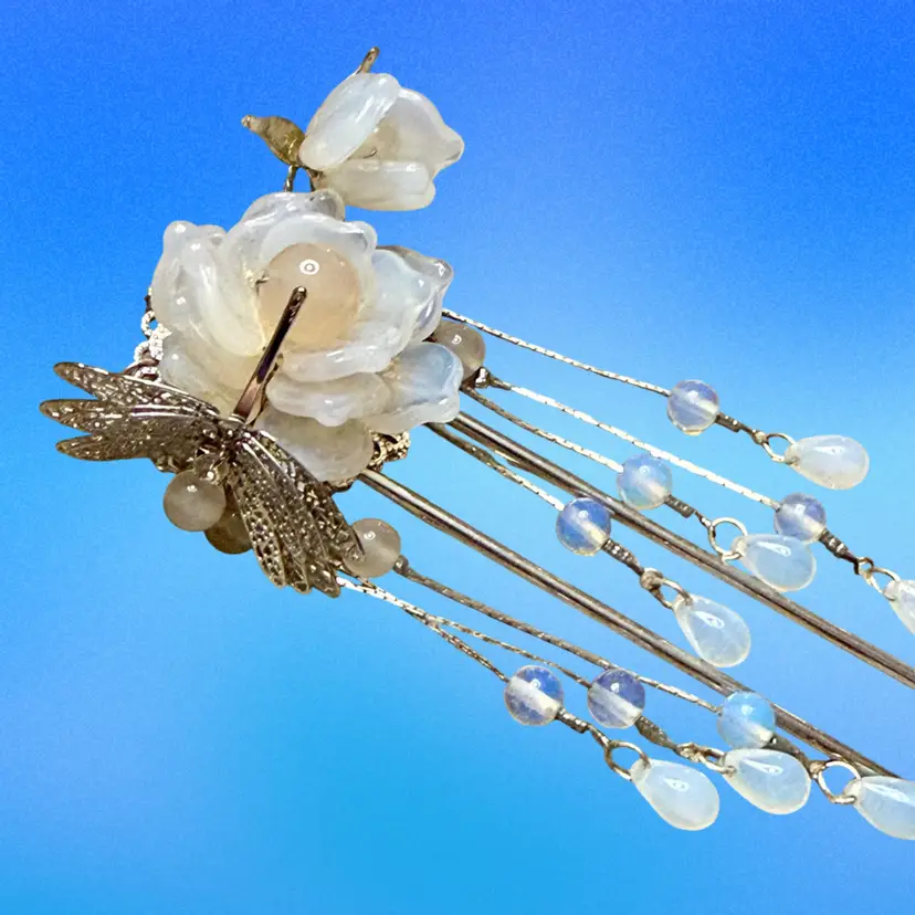 Vintage Ornate Flower Beaded Dangles Silvertone Hair Sticks