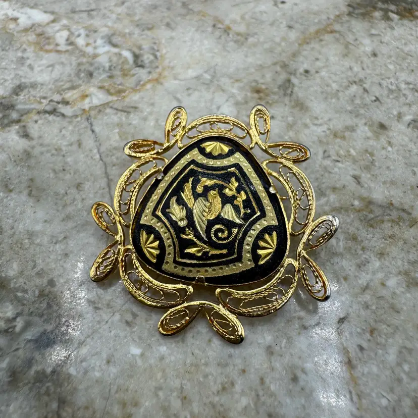 Vintage Spanish Damascene Brooch Pin Ornate Gold Tone Filigree Bird Floral 1.25"