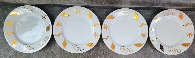 4 Pier 1 Monno Bangladesh  Dinner Plates Gold Leaf and Symbols 10"