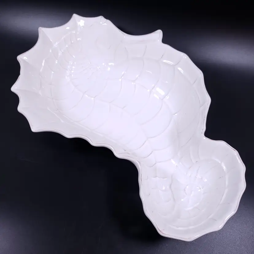 BLUE SKY Menagerie White Seahorse Seashell Nautical Ceramic FIGURAL SERVING DISH