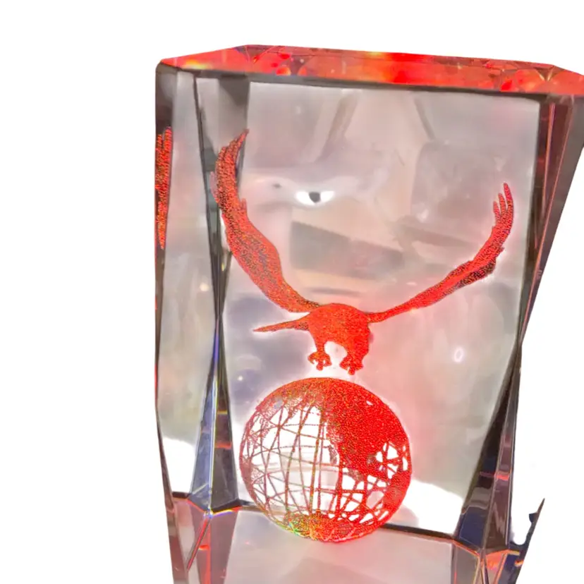 #32… Clear Glass Eagle and Globe Paperweight with 3D Etched Design