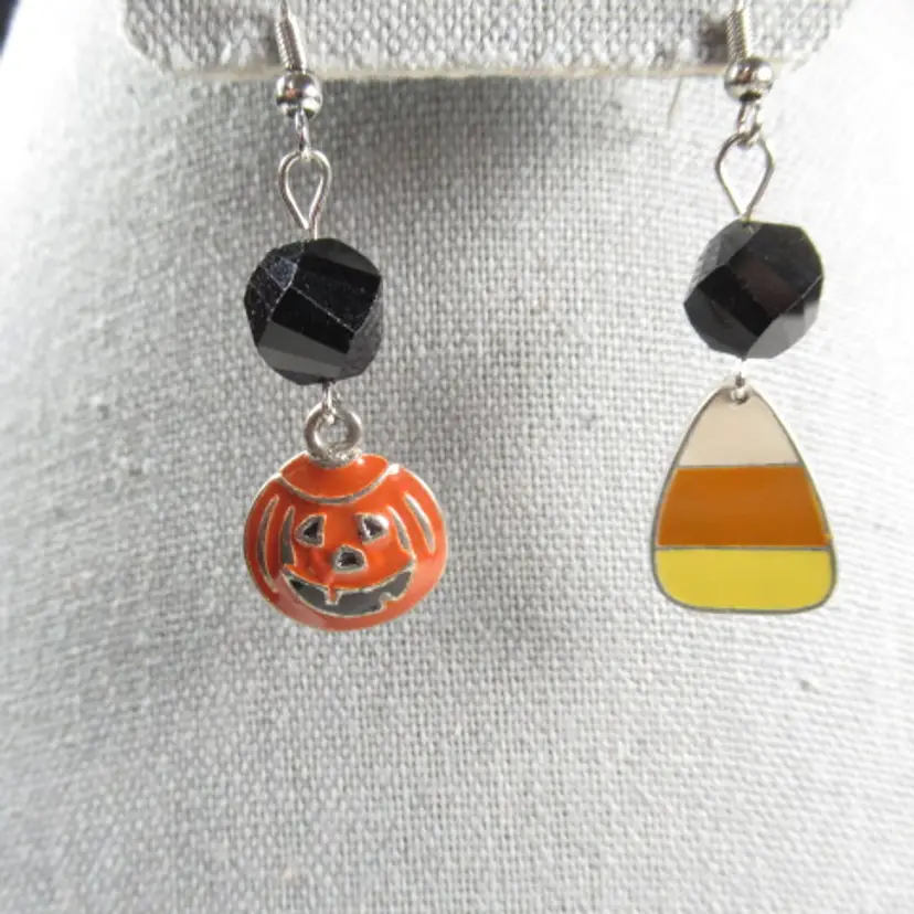 Halloween vintage unmatched charm handmade earrings, pumpkin, candy corn