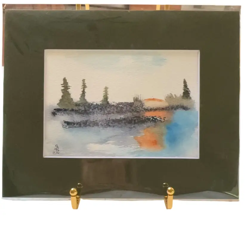 Original Watercolor Trees And Water In 5 X 7” In 8 X 10” Dark Green Matte