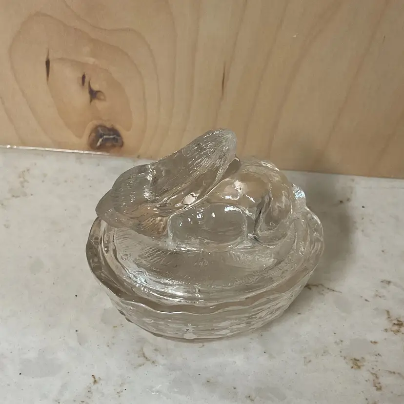 Clear Glass Rabbit Bunny on Nest Trinket Dish Small