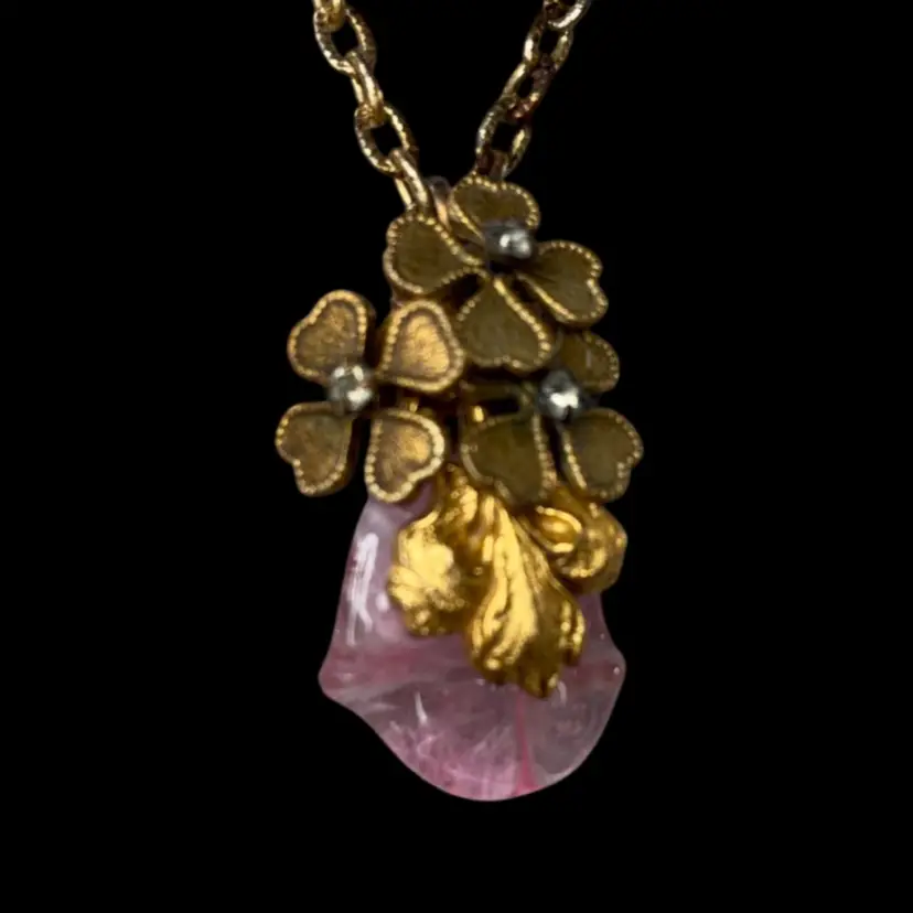Antique Four Leaf Clover Floral Pink Glass Pendant Necklace  1 1/4” 24” Chain . Some Minor Patina.