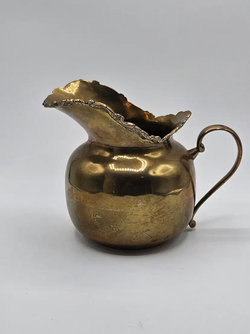 Small Brass Metal Vintage 6"H Pitcher, Lg Spout, Mexico, Patina, 6"H x 5"