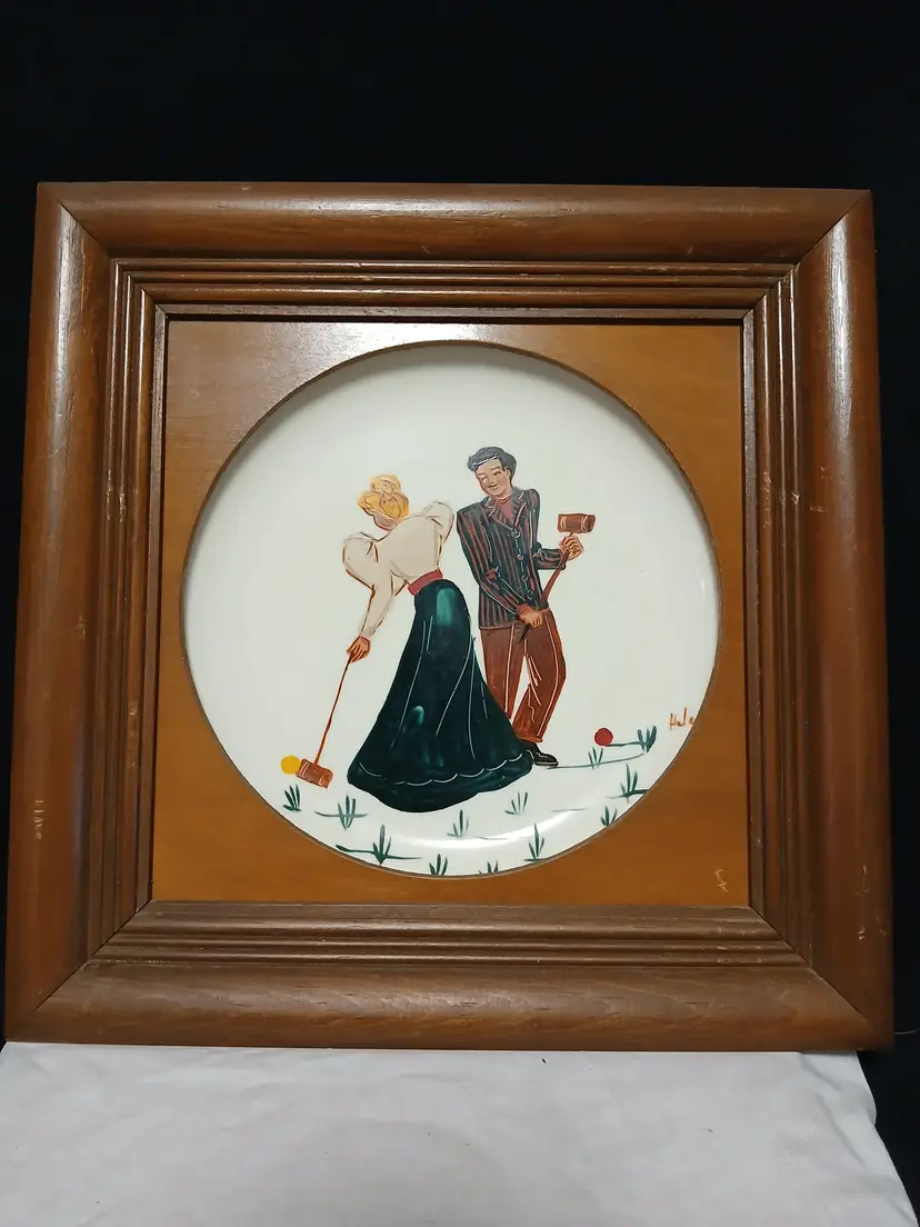 Hand Painted  Artist  Helene Croquet Scene Framed Plate