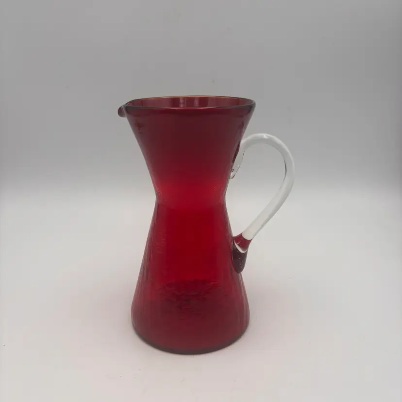 Vintage Pilgrim Ruby Red Crackle Glass Pitcher Applied Clear Glass Handle