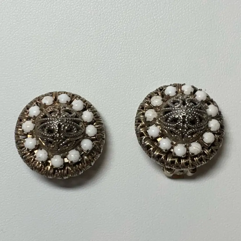 #17 - Vintage Milk Glass Filigree Clip‑On Earrings Round Dome GoldTone
