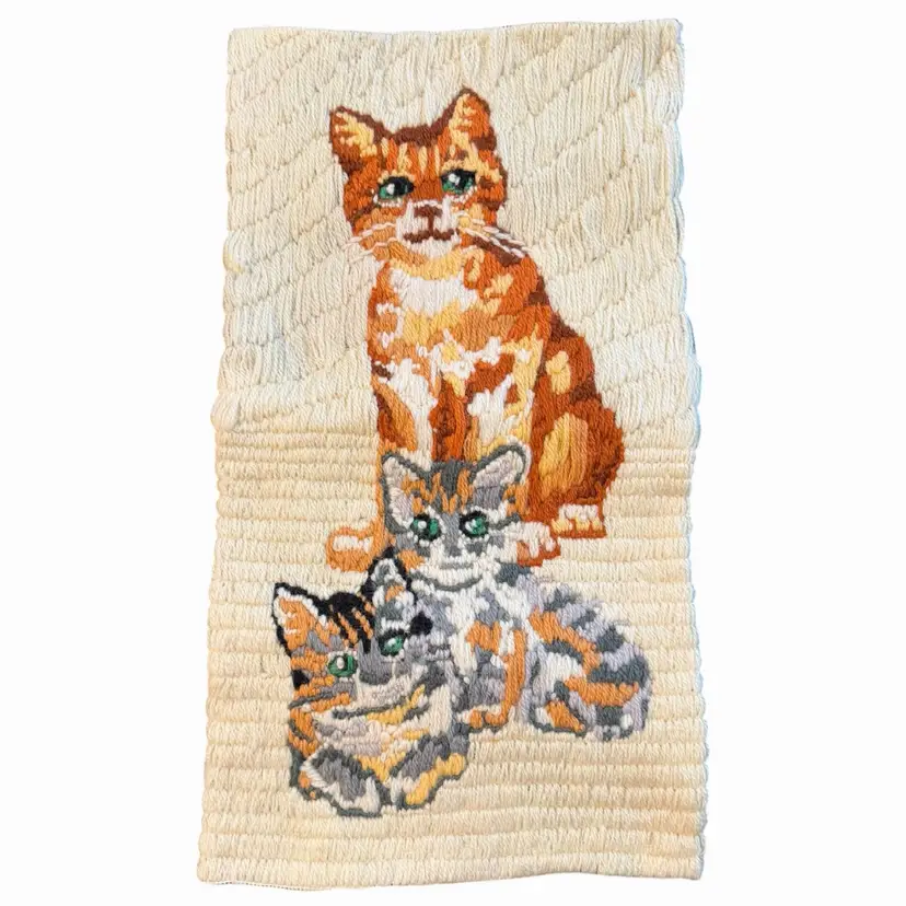 Vintage Crewel Embroidery Cats Wall Hanging Handmade Needlework Textile