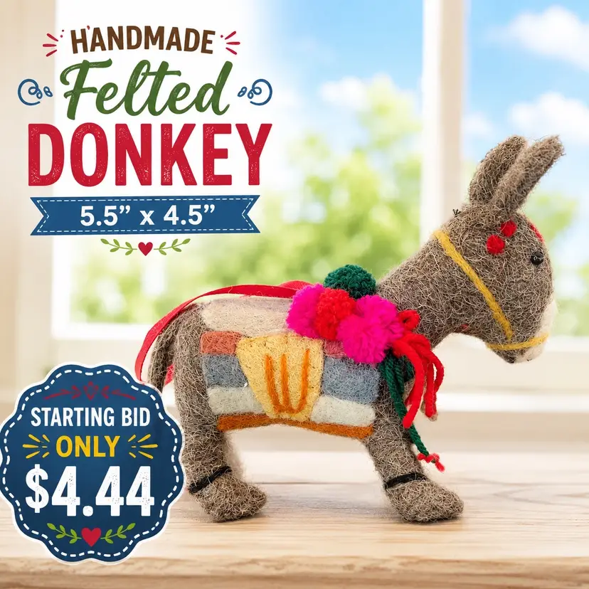 Handmade Felted Donkey Plush Colorful Pack Saddle Folk Art Ornament 5.5” x 4.5”