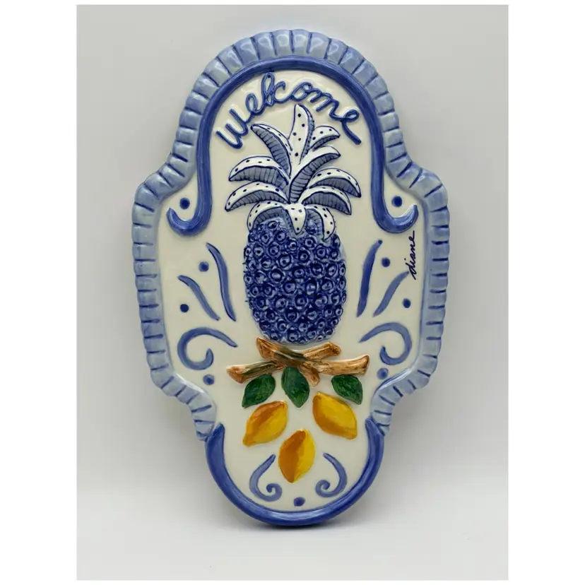 Ceramic Wall Hanging “Welcome” Pineapple Lemons By Diane 8x5 Blue White 2003