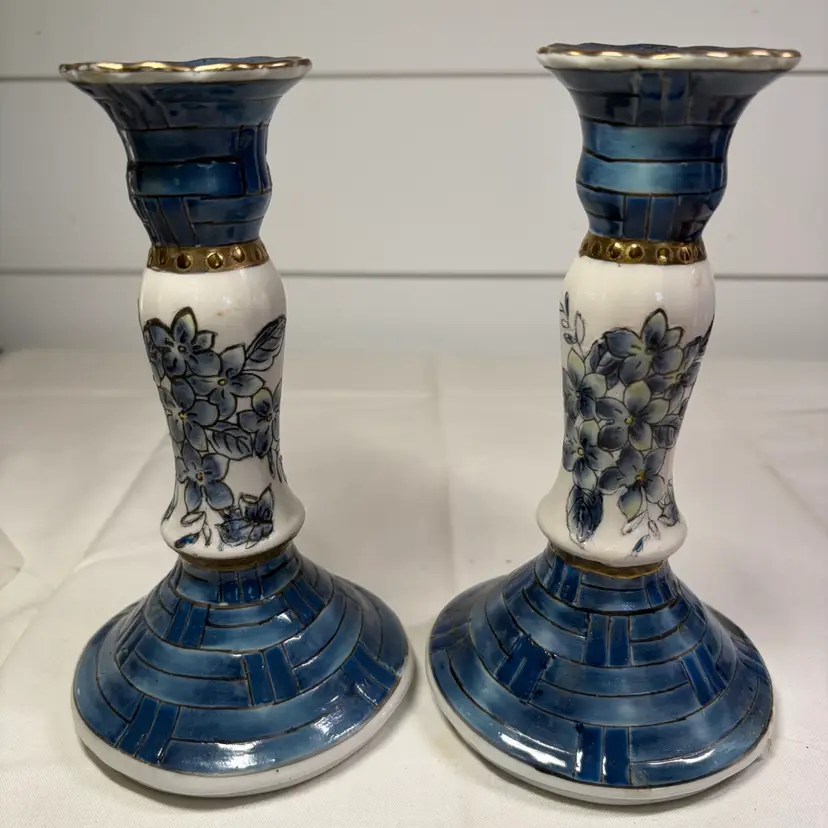 Pair Of Blue And White Ceramic Candleholders Floral And Weave Design