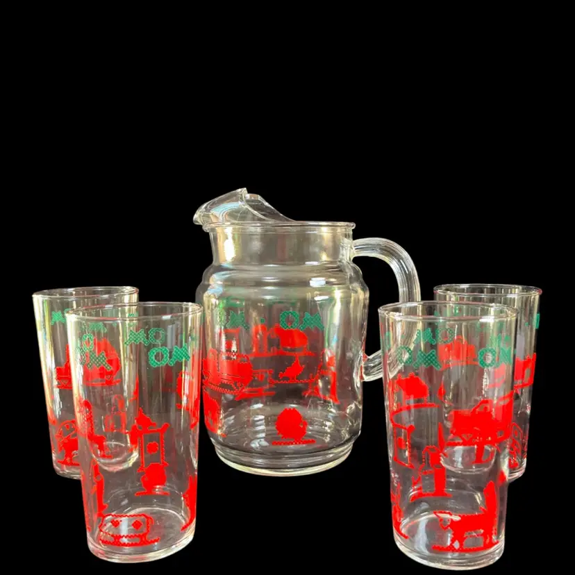 Mint Vintage 1950s O & M Grain Elevator Glass Pitcher & 4 Matching Glasses-Mid Century Agriculture Advertising