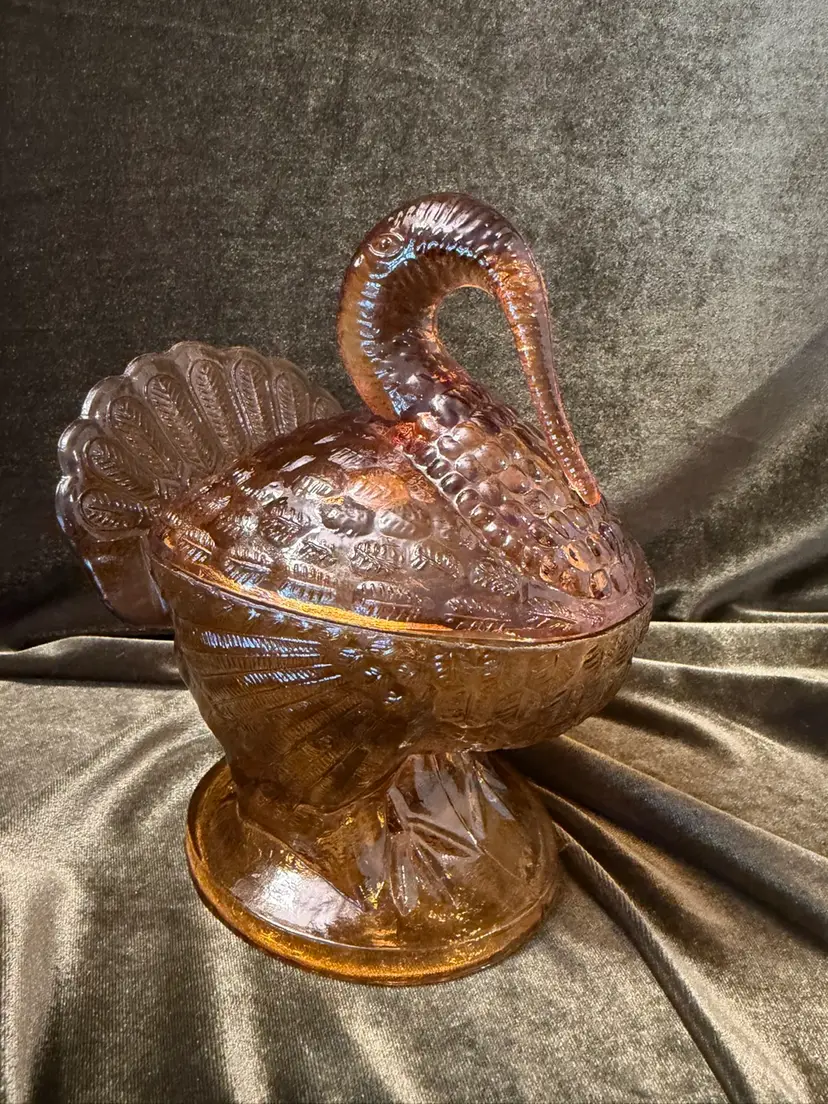 #01 Vintage L.E. Smith Golden Amber Glass Turkey Covered Dish – 2-Piece Thanksgiving Candy Bowl & Holiday Table Decor