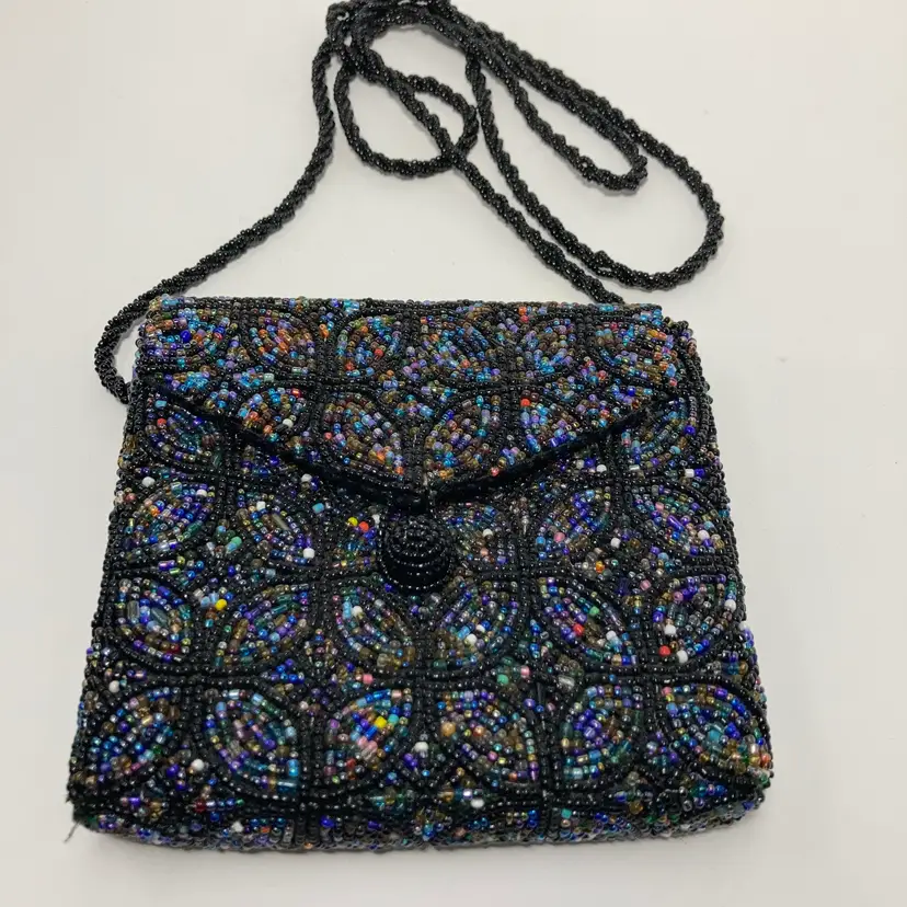 Vintage Beaded Evening Bag! Iridescent Floral and Geometric Design!  23” Strap! Bag Is 5”x 5”!