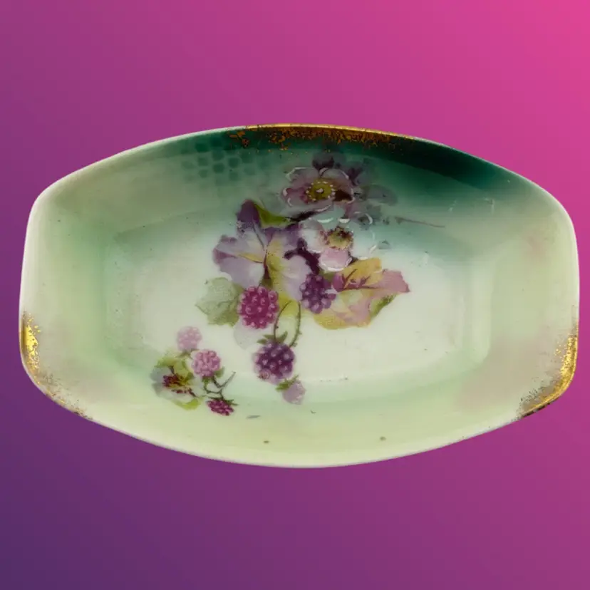 Blackberry Hand Painted Salt Cellar Butter Pat Trinket Dish Germany Purples Greens 3 1/2"