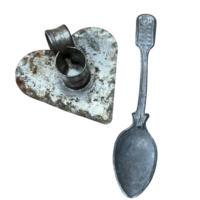 Set Of 2 Minis/Smalls - 2” Metal Heart Finger Loop Candle Holder - 3&3/4” Metal Spoon