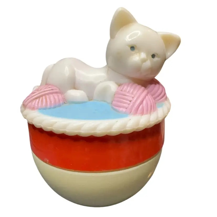 1967 4”T And 2 & 1/4” W Avon “Miss Lollipop” Cat With Foot On Yarn Perfume Container