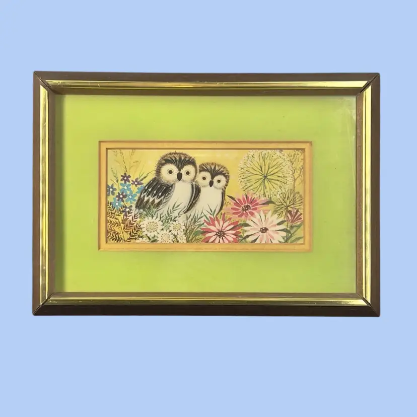 #225- Owl Print Wall Art  Matted Framed Under Glass 1970s9 1/2” x 13 1/2”