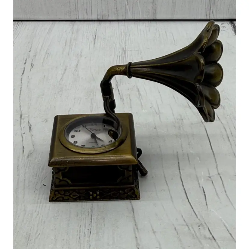 Timex 2" Small Desk Clock Mini Record Player Bronze Miniature NEW Battery Works