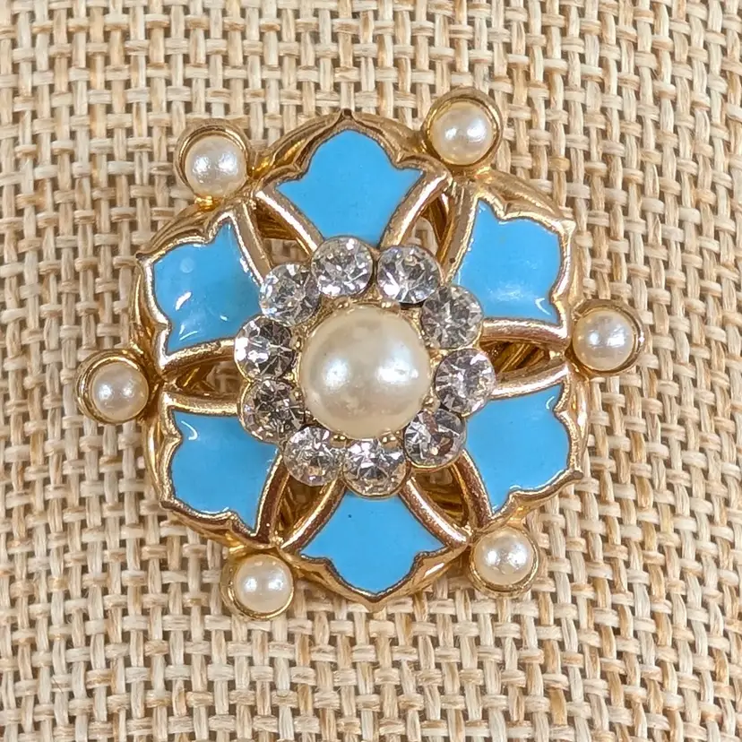 Vintage Coro Floral Brooch Blue Enamel Clear Rhinestones Faux Pearls Gold Tone