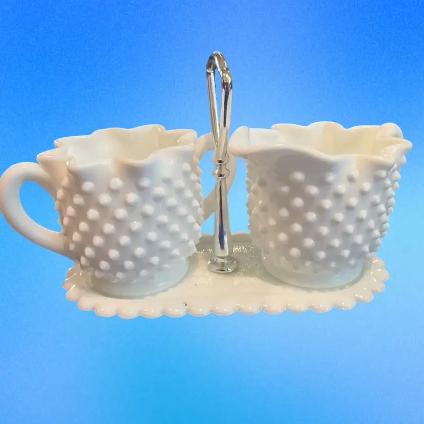 Fenton Milk Glass Hobnail Sugar & Creamer Set With Handled Caddy Set