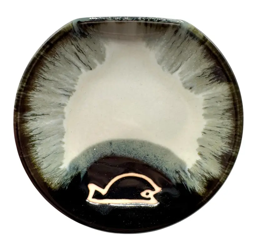 Vintage Ceramic Pottery Trinket Dish Spoon Rest Whale Fish Brown Gray White 4”