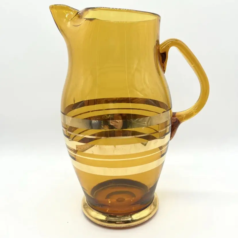 Vintage Hand Blown Amber Glass Pitcher With Gold Trim 9.5" Made In Romania