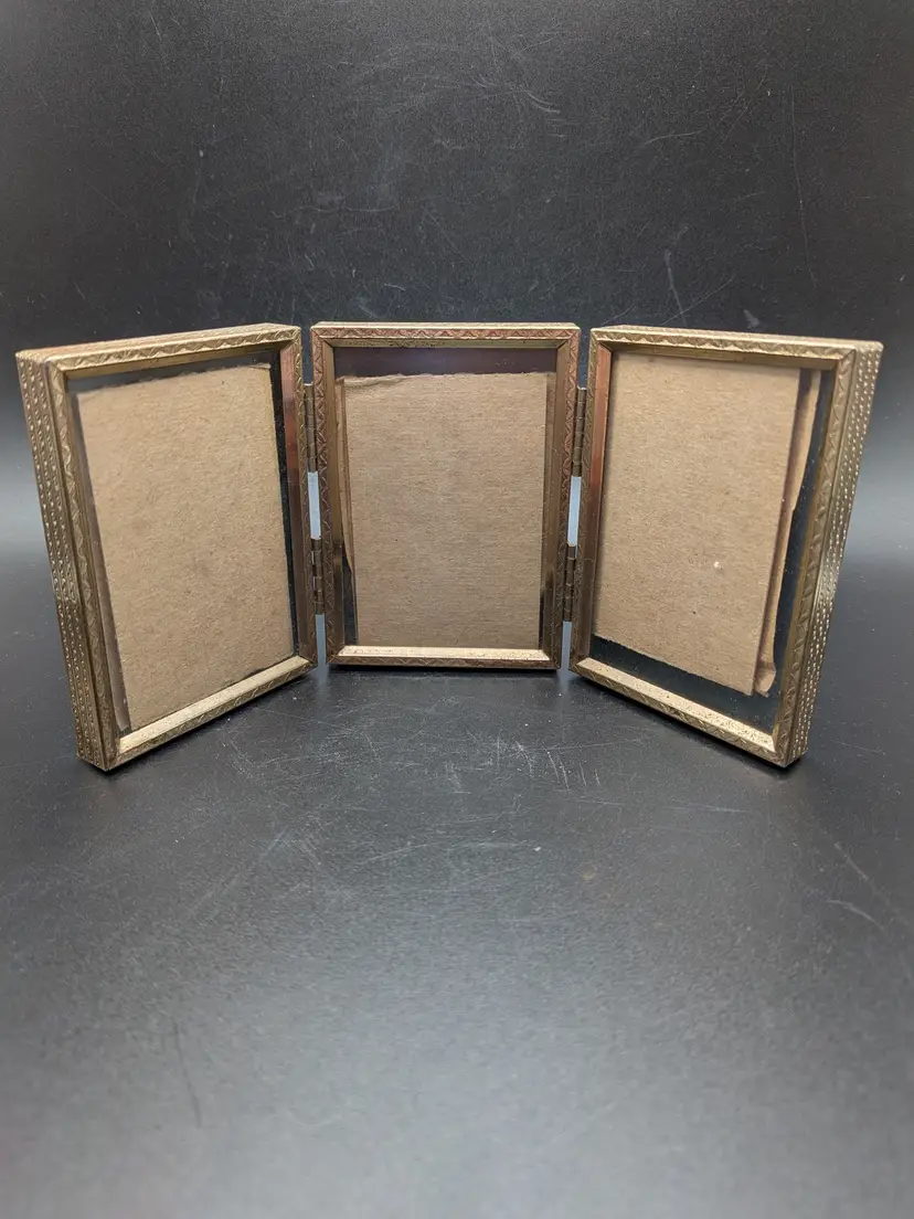 Vintage Trifold Triple Mini Brass Miniature Picture Frame Photograph Frames