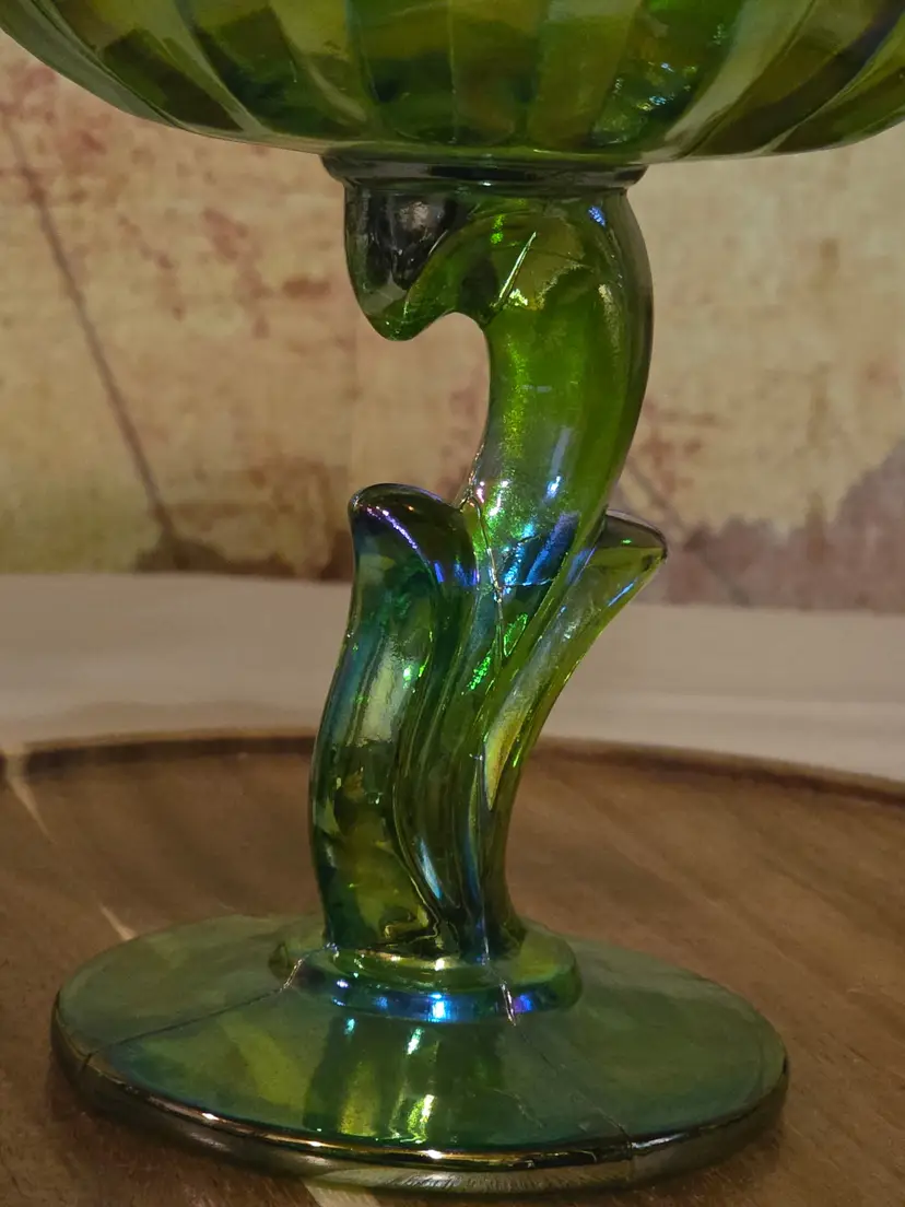 Iridescent Green Glass Compote