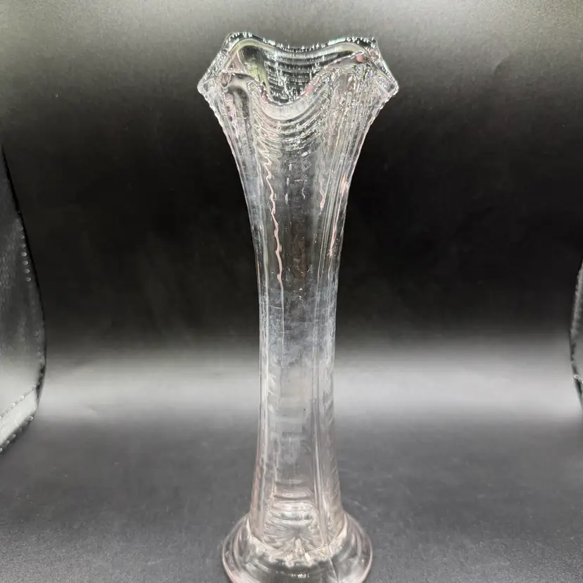 Vtg Imperial Glass Ripple Swung Vase Clear Pink Tint 9.5” Ruffled Ribbed EAPG