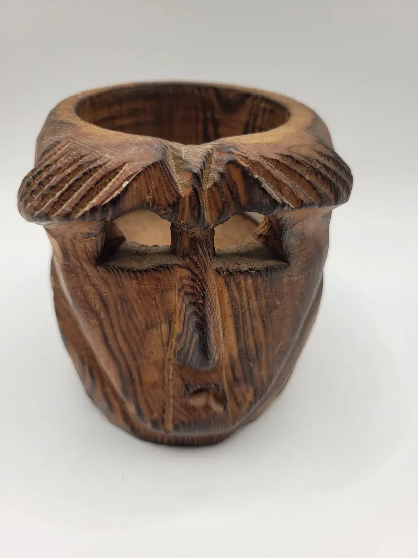 Vintage Hand Carved Wood Face Votive Candle Holder Folk Art Tribal Style
