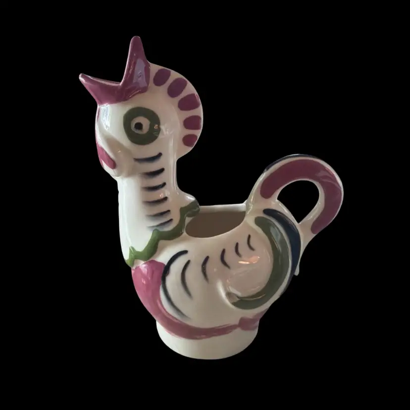 Vintage CLEMINSON POTTERY Creamer Chicken Hen Rooster  Mid Century Pink Green
