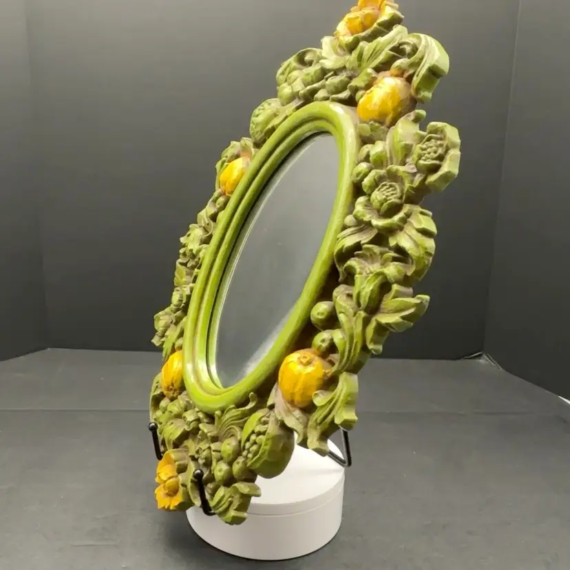 Green Syroco Fruit & Floral Botanical Wall Mirror | Vintage 1967