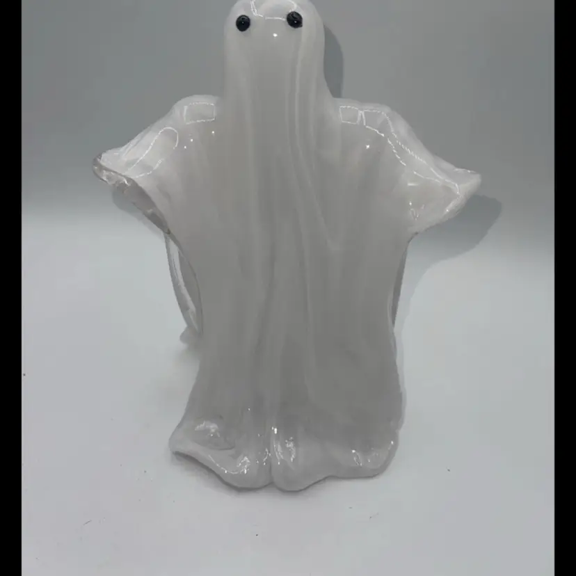Art Glass Ghost  9.5” Tall Black Glass Eyes