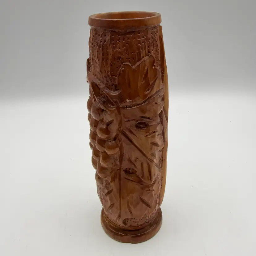 Wooden Grape And Leaf Carved Wood Vase